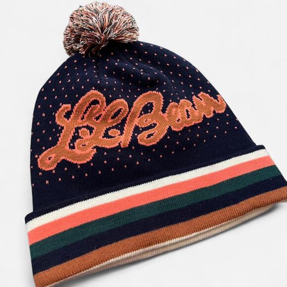 L.L.Bean Accessories - L.L.Bean Cursive Knit Pompom Beanie with Striped Cuff